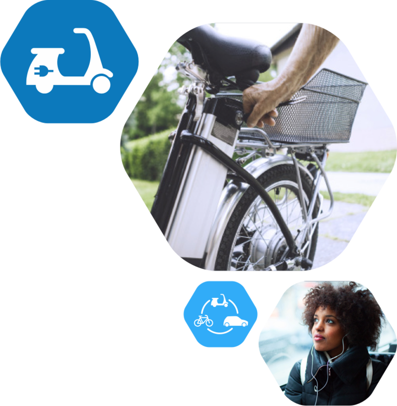 E-Mobilität Headerbild (Hand mit Pedelec-Fahrrad und Frau im Bus)