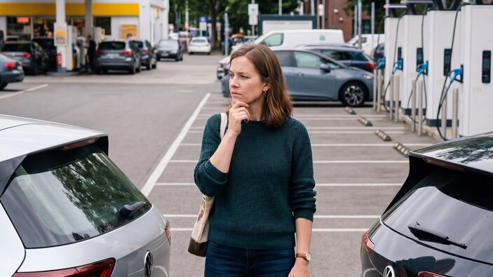 Eine nachdenkliche Frau mit Autoschlüsseln steht auf einem Parkplatz zwischen zwei Autos, im Hintergrund sind Ladestationen für Elektroautos sichtbar.