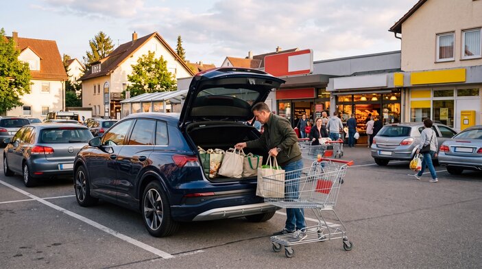 Ein Man lädt Einkaufstaschen auf einem Parkplatz in den Kofferraum eines Autos. Im Hintergrund sind verschiedene Läden zu sehen.
