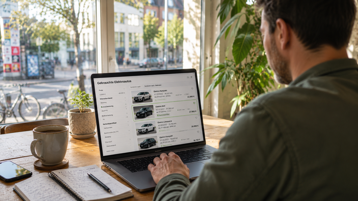 Ein Man sitzt mit Blick zum Fenster vor einem Laptop. Auf dem Laptop ist eine Suchmaske mit verschiedenen Autos zu sehen. 
