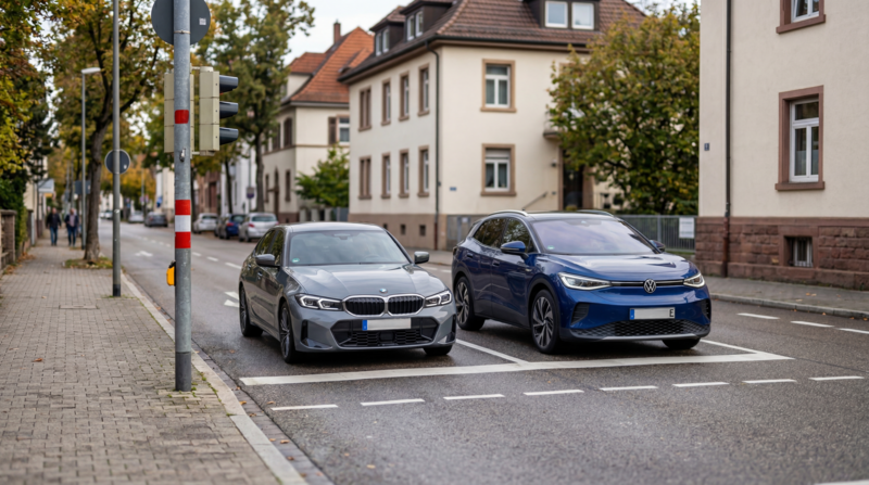 Ein grauer BMW 3er und ein blauer Volkswagen ID.4 stehen nebeneinander an einer Ampel auf einer Straße. Im Hintergrund sind Wohngebäude und Bäume zu sehen.