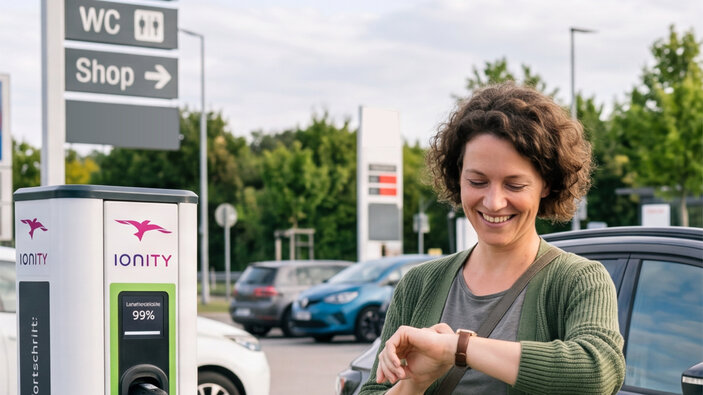Eine Frau steht vor einer E-Ladesäule und schaut auf die Uhr. Im Hintergrund sind Autos auf einem Tankstellenparkplatz. Bäume und blauer Himmel.