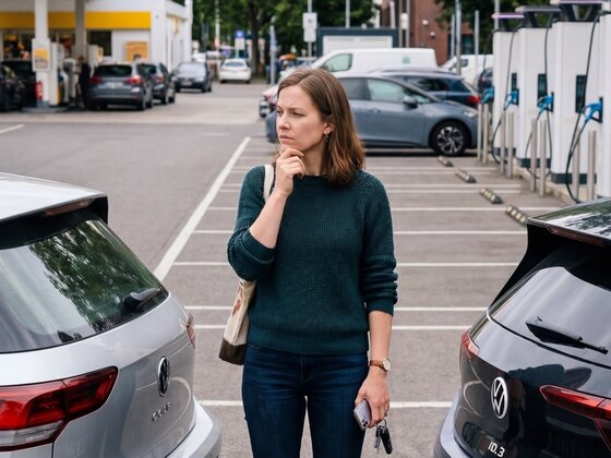 Eine nachdenkliche Frau mit Autoschlüsseln steht auf einem Parkplatz zwischen zwei Autos, im Hintergrund sind Ladestationen für Elektroautos sichtbar.