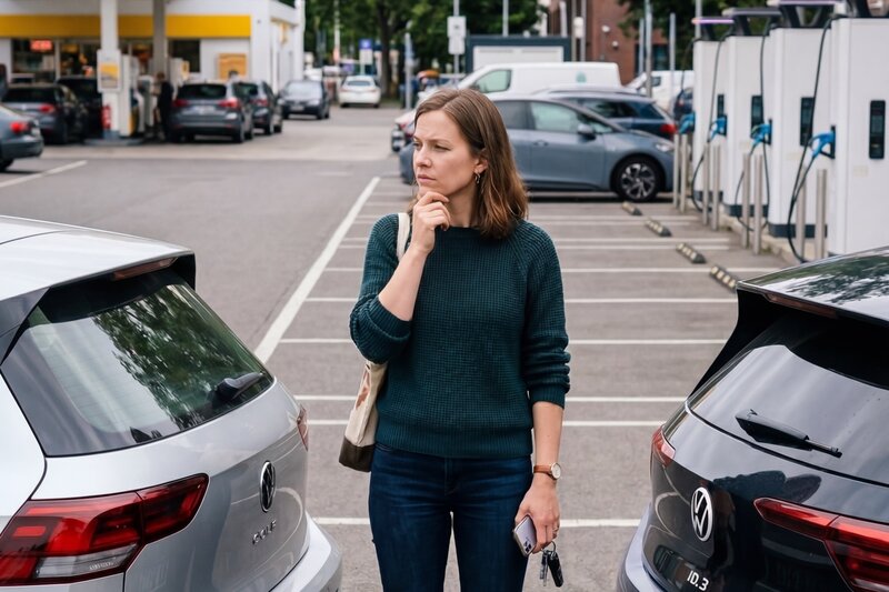 Eine nachdenkliche Frau mit Autoschlüsseln steht auf einem Parkplatz zwischen zwei Autos, im Hintergrund sind Ladestationen für Elektroautos sichtbar.