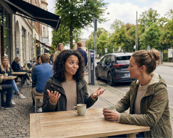 Zwei Frauen sitzen sich im Freien gegenüber an einem Tisch in einem Café , auf dem Tisch stehen zwei Tassen, im Hintergrund sind grüne Bäume, ein Auto, eine Ladesäule und weitere Personen zu sehen