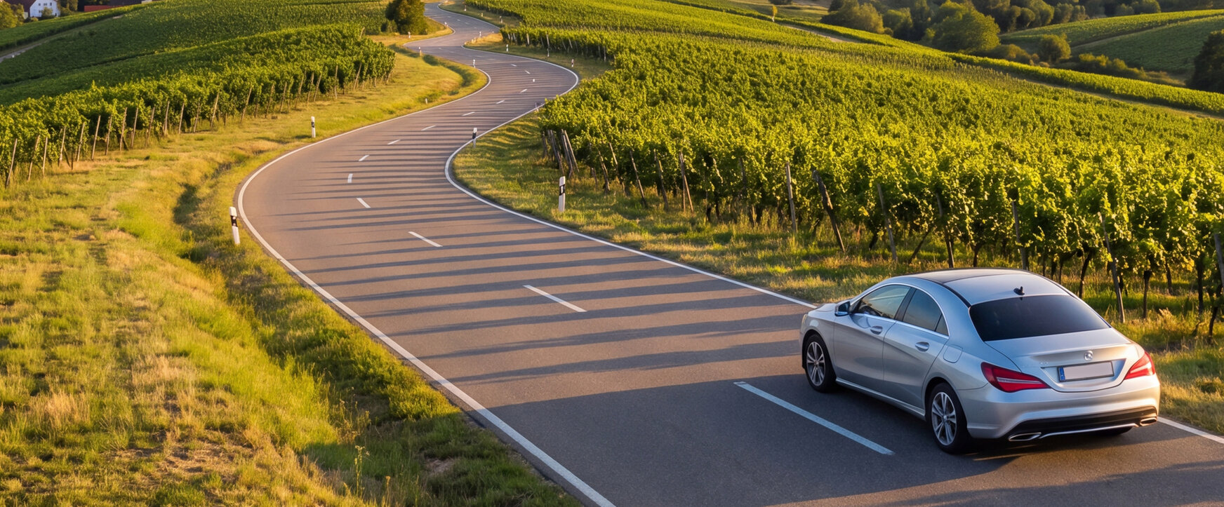 Ein silbernes Auto fährt eine Landstraße hinunter. In der Ferne sind weitere Hügel zu erkennen. Links und rechts befinden sich Weinreben. Der Himmel ist blau.