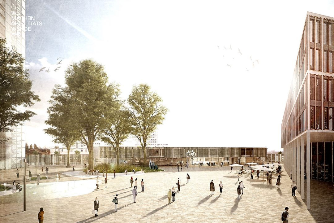 Ein großer Platz mit Menschen und modernen Gebäuden im Sonnenschein.